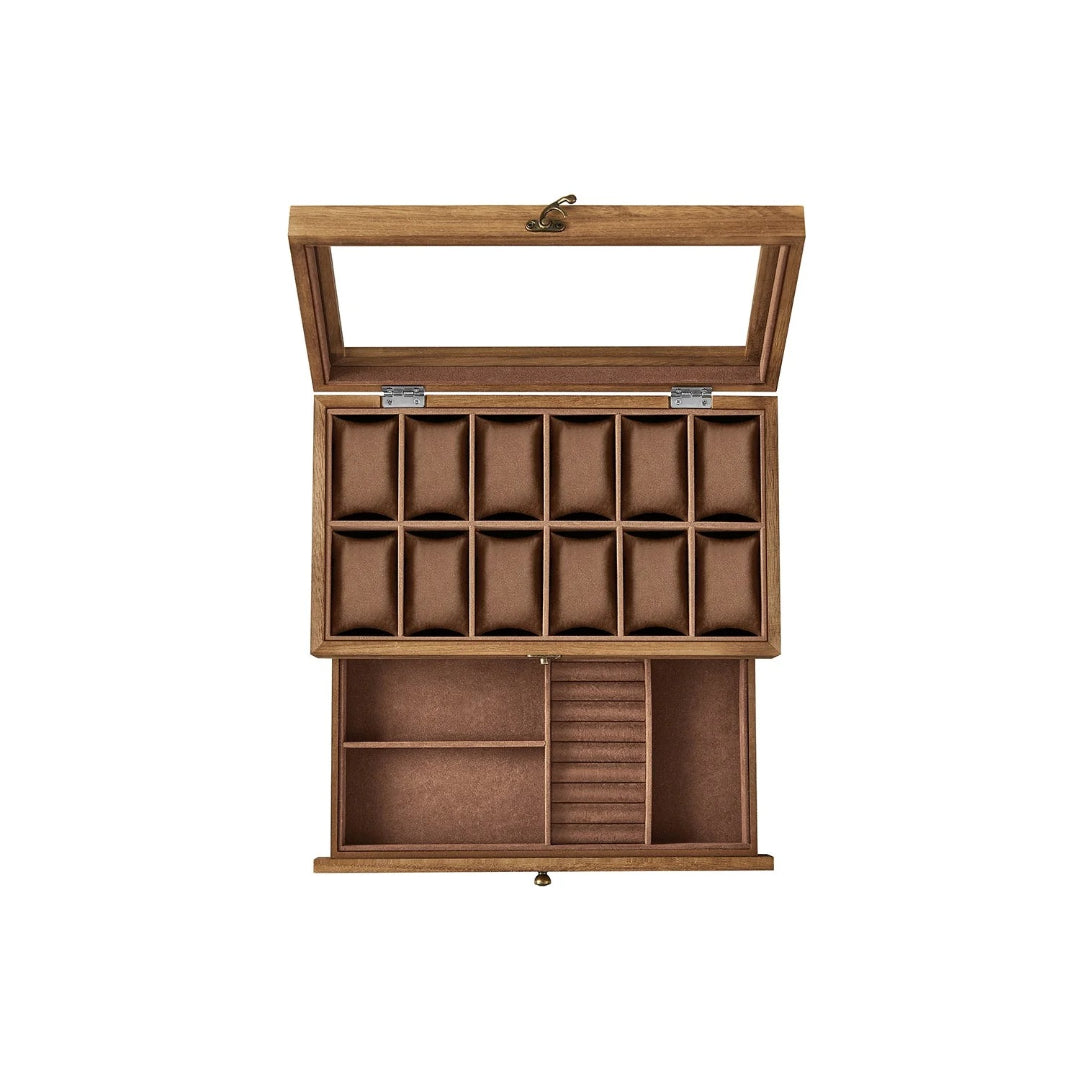 Wood Watch Box With Glass Lid 8 Or 12 Slot Organizer – product view 3 | Amaraloft
