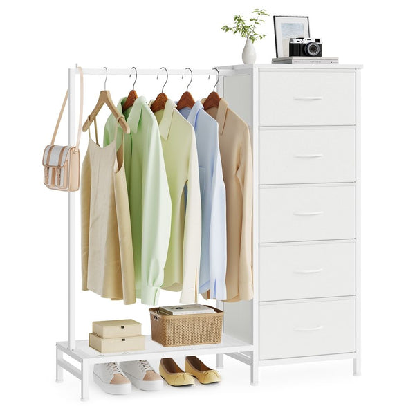 3-in-1 Dresser With Garment Rack 5 Fabric Drawers & Bottom Shelf - product photo 01