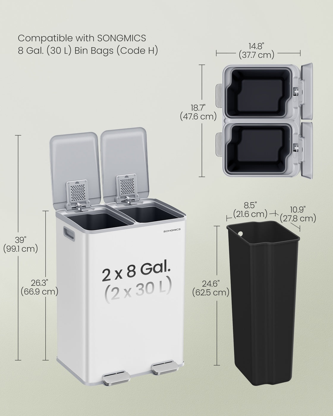 30L X 2 Trash Bin, Dual Pedal, Soft-Close, Stainless Steel, 15 Liners - product photo 27