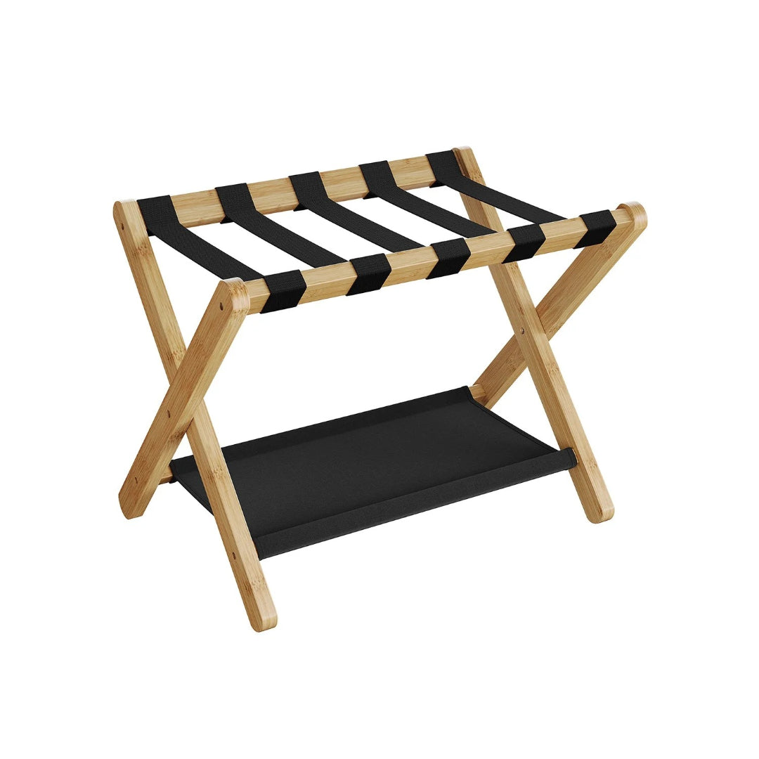 Folding Luggage Rack With Storage Shelf Bamboo Suitcase Stand – product view 3 | Amaraloft