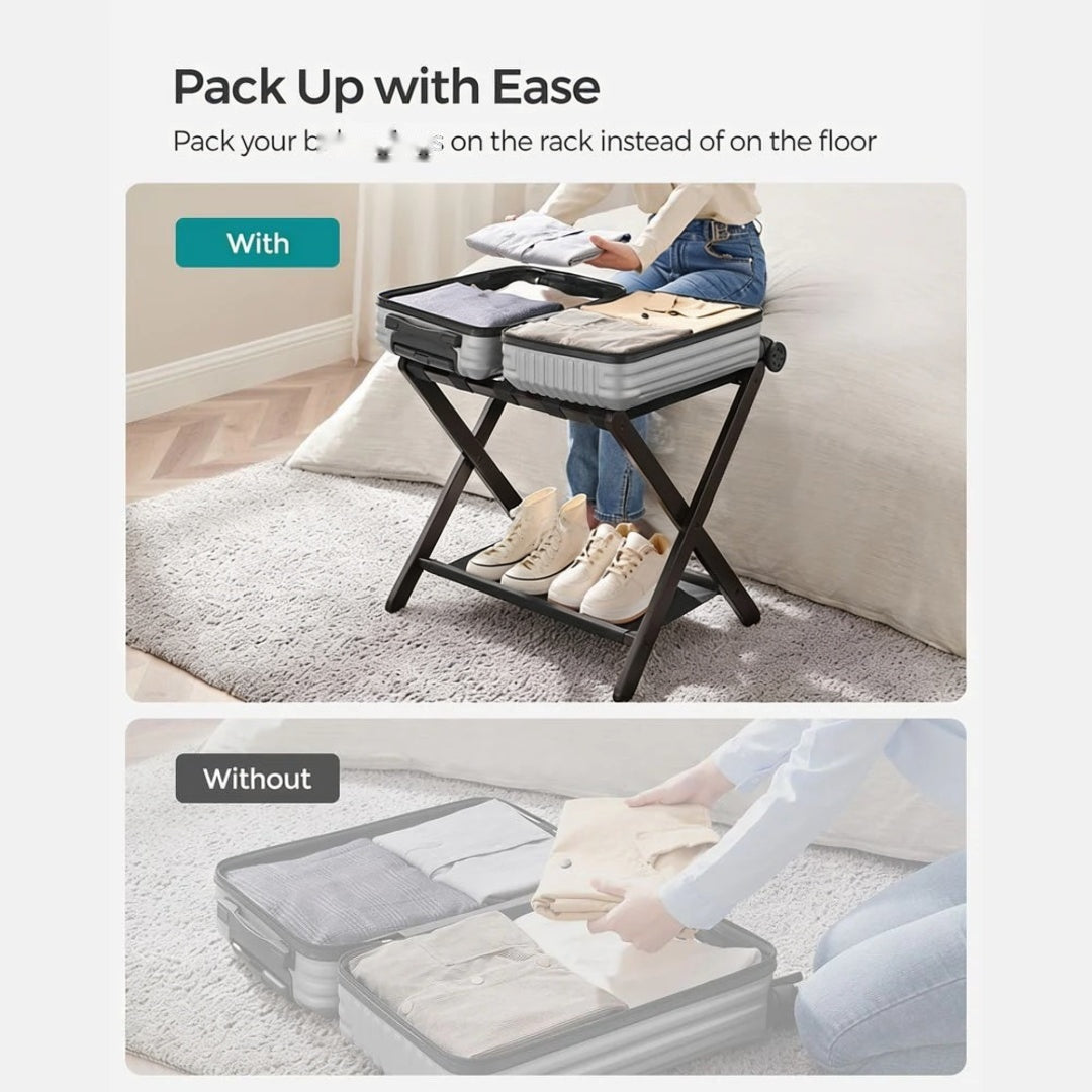 Folding Luggage Rack With Storage Shelf Bamboo Suitcase Stand – product view 7 | Amaraloft
