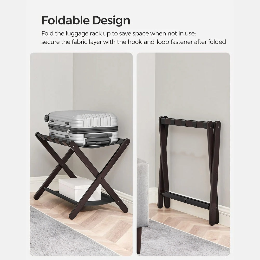 Folding Luggage Rack With Storage Shelf Bamboo Suitcase Stand – product view 8 | Amaraloft