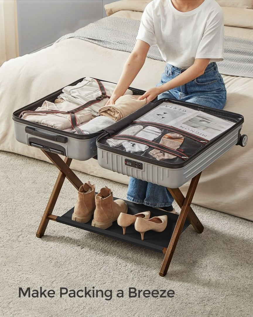 Folding Luggage Rack With Storage Shelf Bamboo Suitcase Stand – product view 13 | Amaraloft