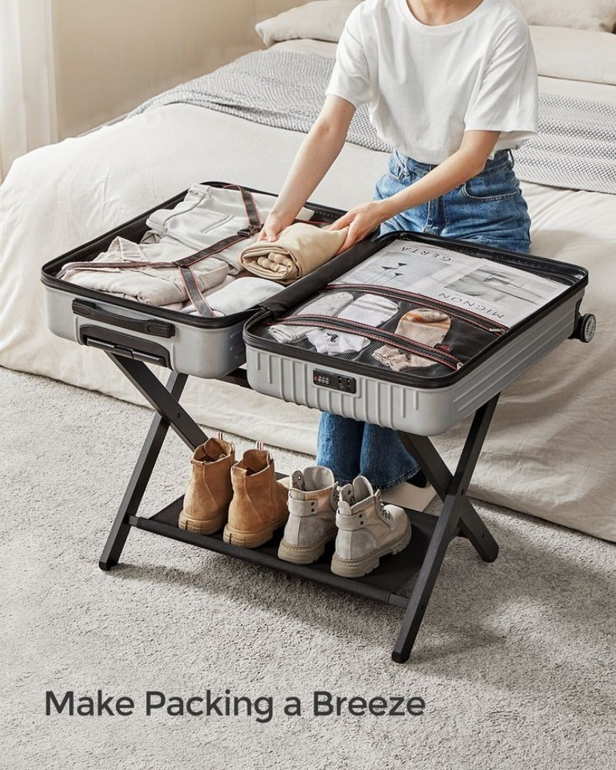 Folding Luggage Rack With Storage Shelf Bamboo Suitcase Stand – product view 15 | Amaraloft