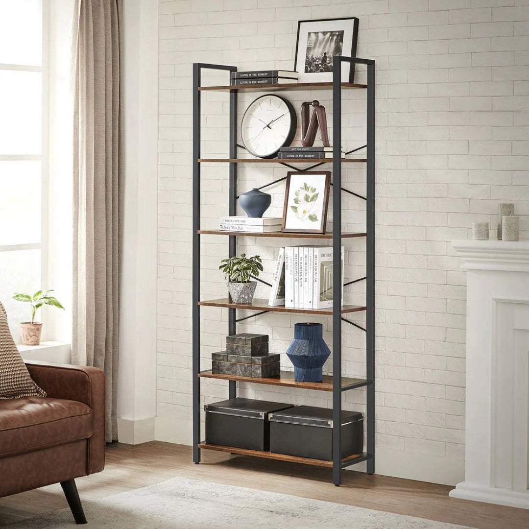 6 Tier Industrial Bookshelf With Steel Frame – product view 16 | Amaraloft