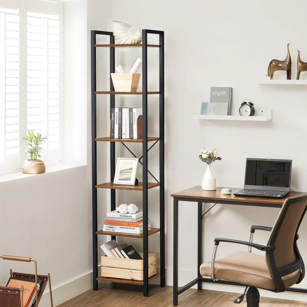 6 Tier Narrow Bookcase With Steel Frame – product view 5 | Amaraloft