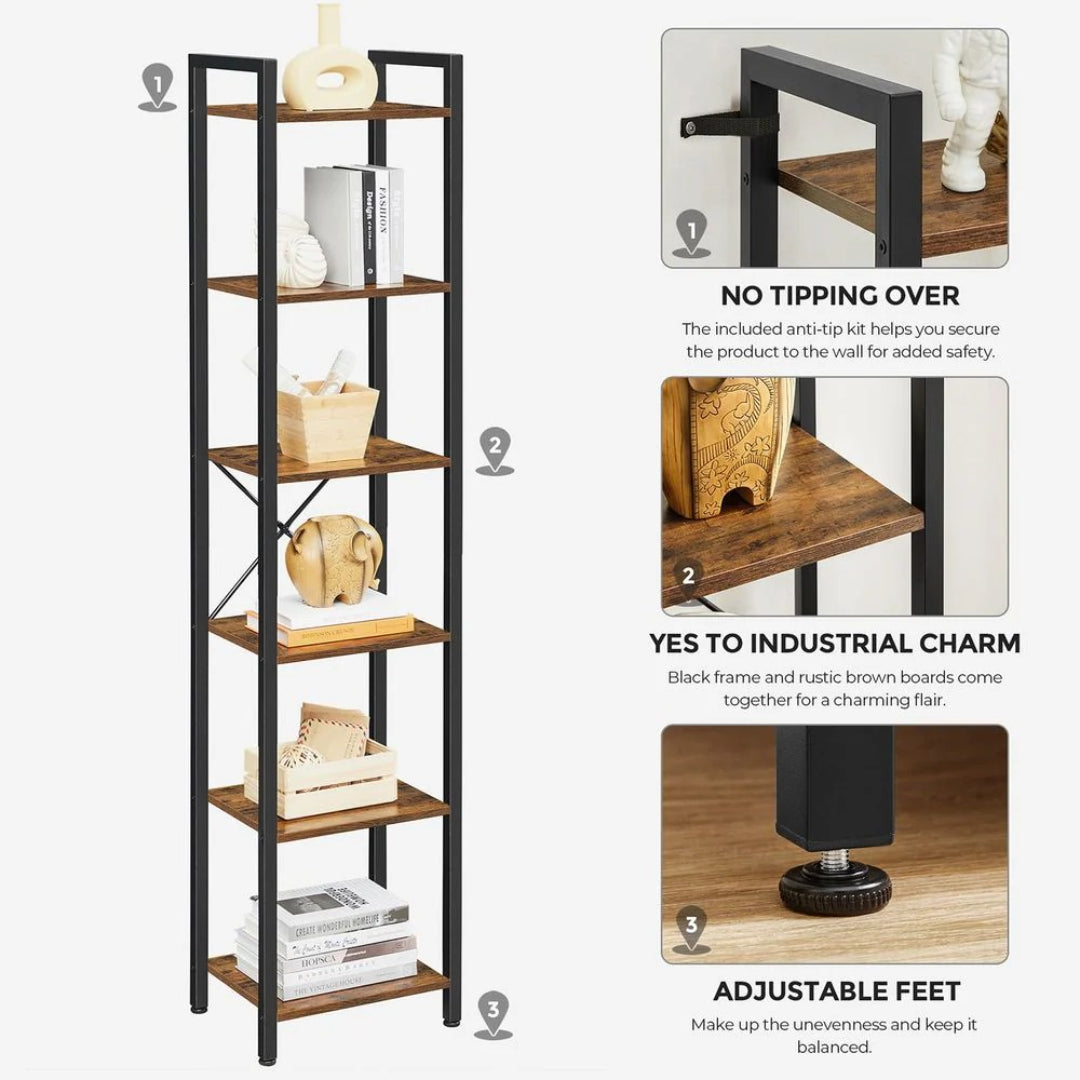 6 Tier Narrow Bookcase With Steel Frame – product view 10 | Amaraloft