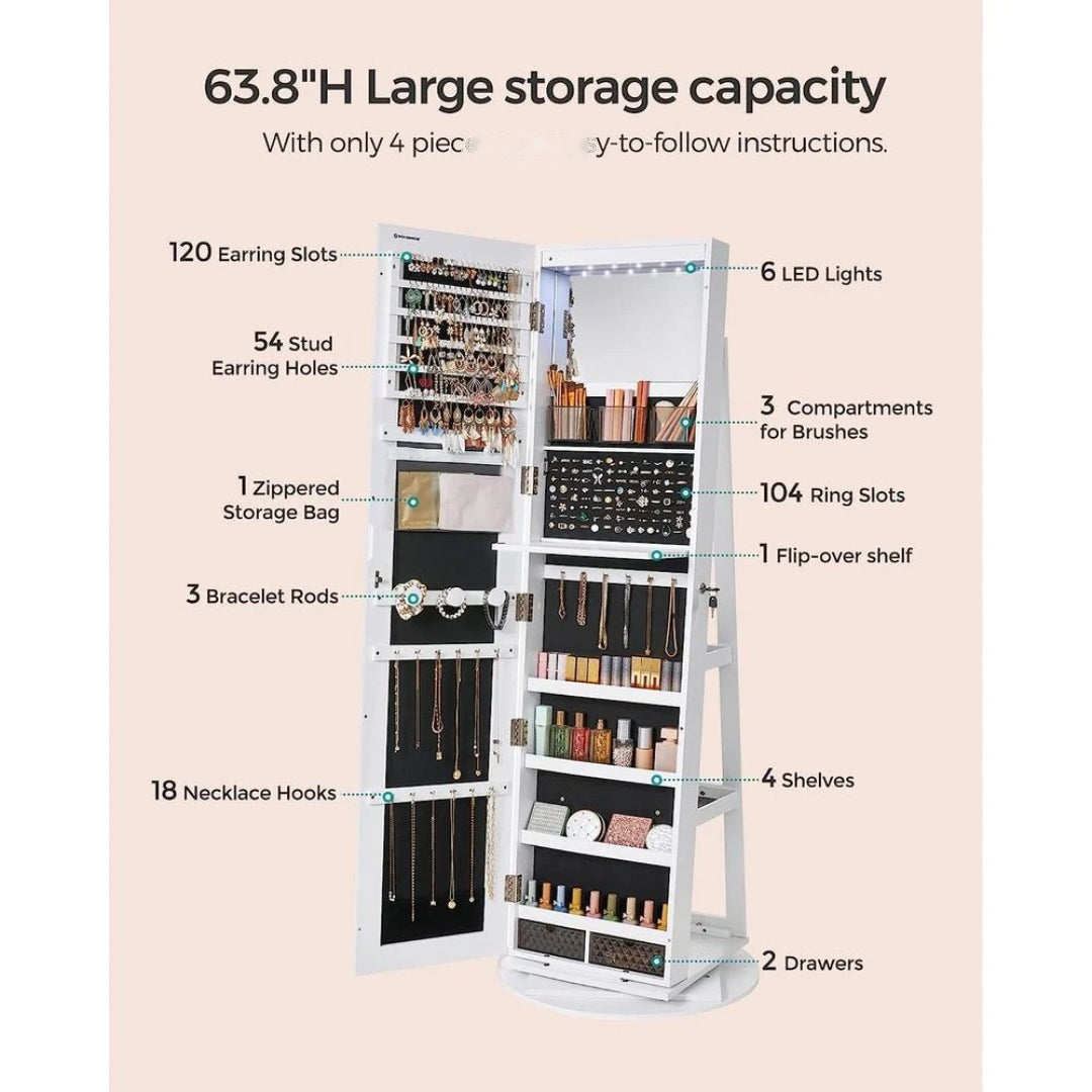 Jewelry Organizer Cabinet With Mirror LED Lights And Storage – product view 8 | Amaraloft