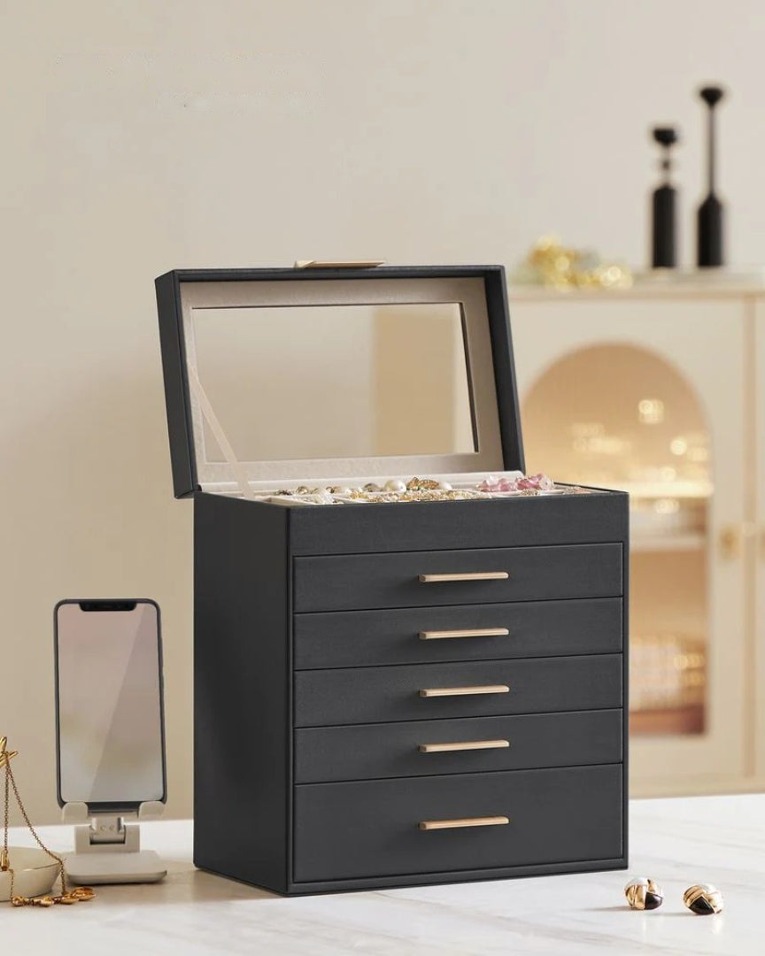 Large Jewelry Box With Glass Lid 4 Or 6 Layer Organizer – product view 24 | Amaraloft