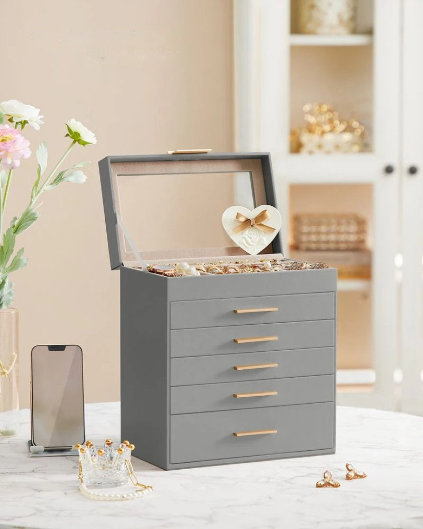 Large Jewelry Box With Glass Lid 4 Or 6 Layer Organizer – product view 36 | Amaraloft
