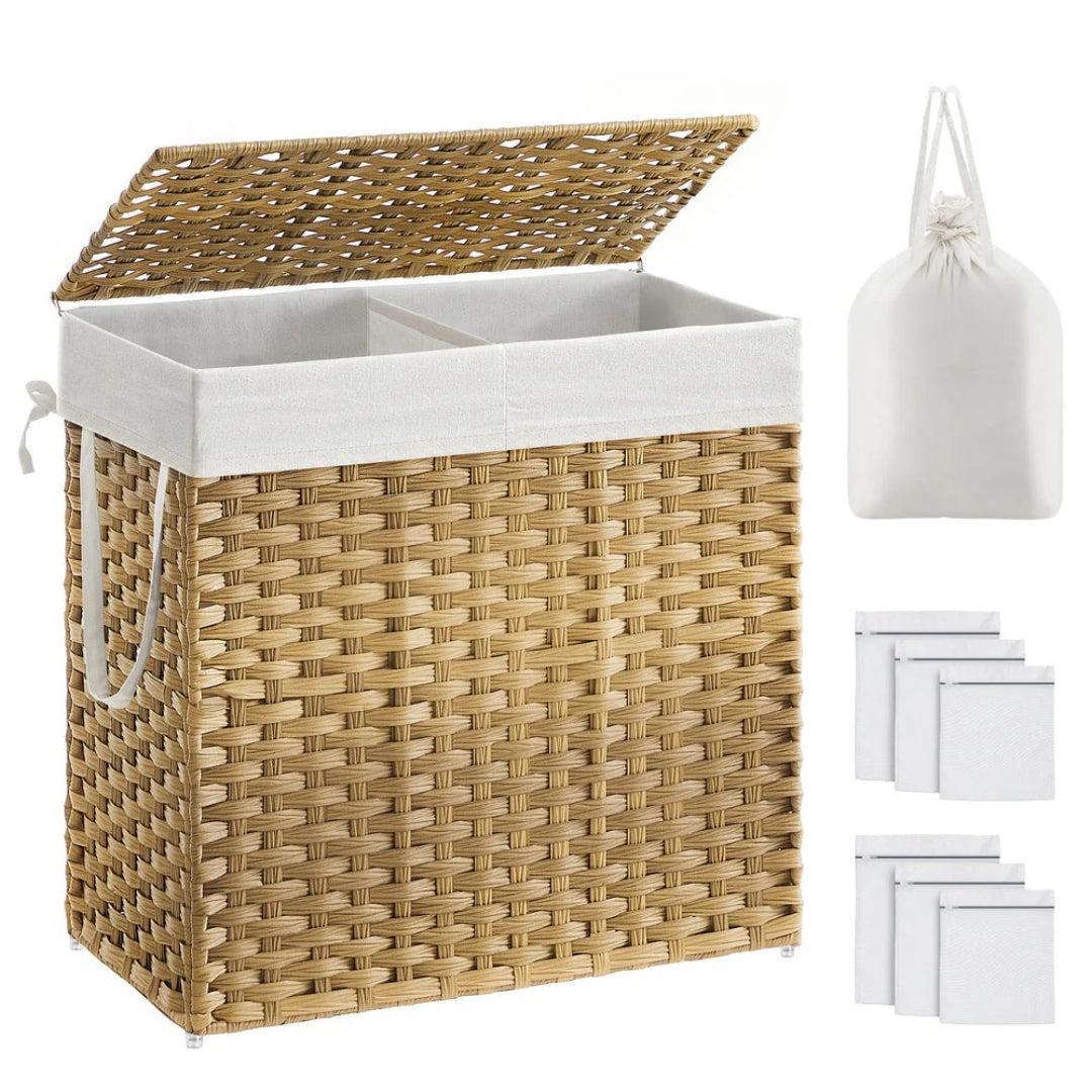 Laundry Hamper With Lid 34 Gallon 2 Section Rattan Basket – product view 1 | Amaraloft