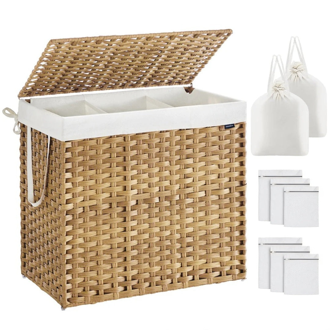 Laundry Hamper With Lid 34 Gallon 2 Section Rattan Basket – product view 4 | Amaraloft