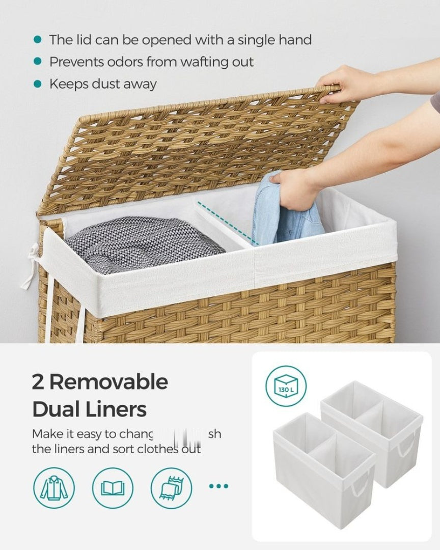 Laundry Hamper With Lid 34 Gallon 2 Section Rattan Basket – product view 7 | Amaraloft