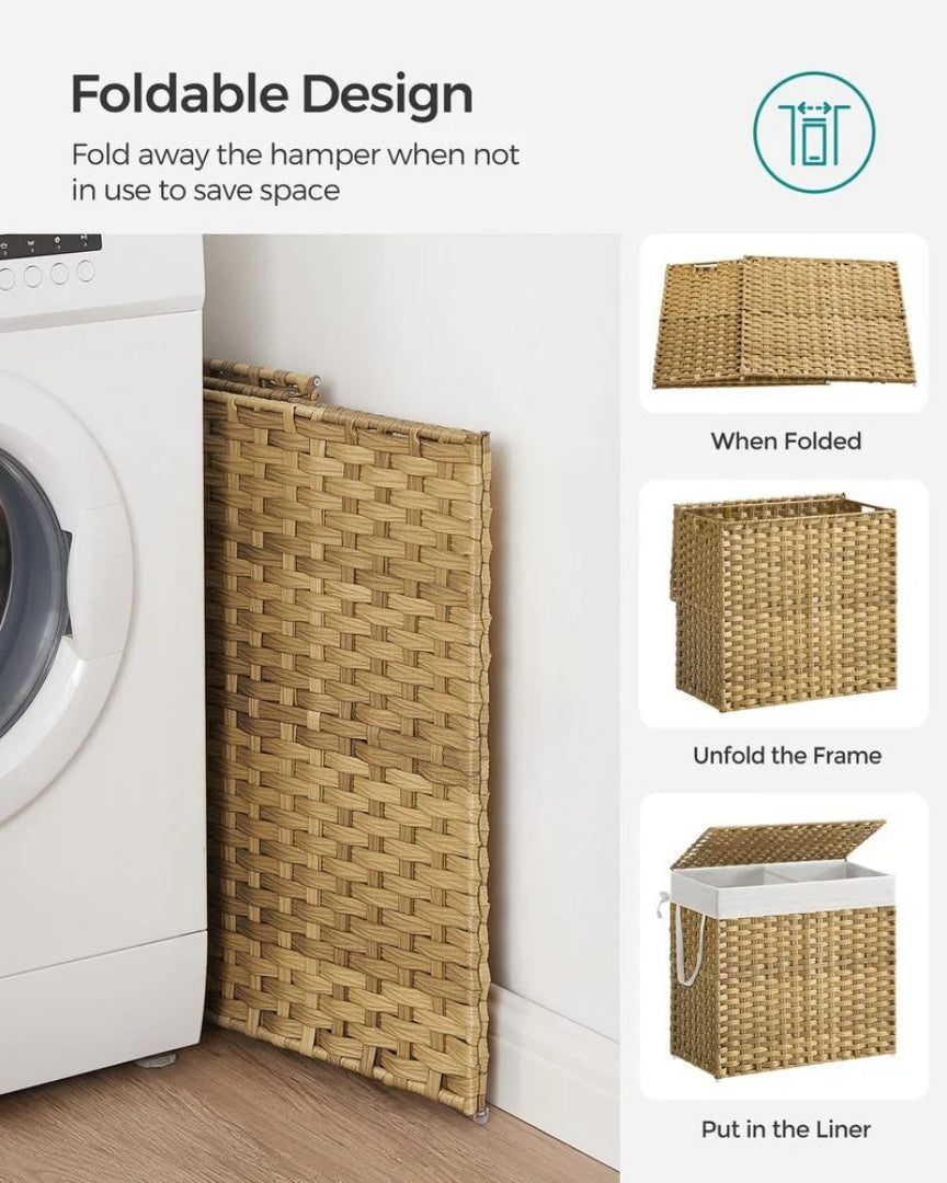 Laundry Hamper With Lid 34 Gallon 2 Section Rattan Basket – product view 12 | Amaraloft
