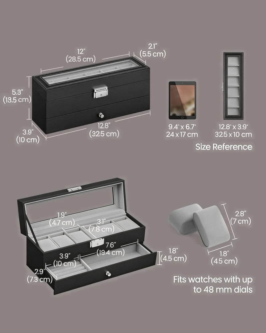 Lockable Watch Box With Glass Lid 6 8 Or 12 Slot – product view 13 | Amaraloft
