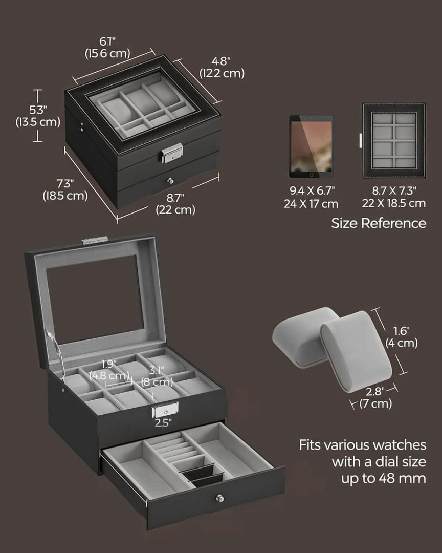Lockable Watch Box With Glass Lid 6 8 Or 12 Slot – product view 19 | Amaraloft