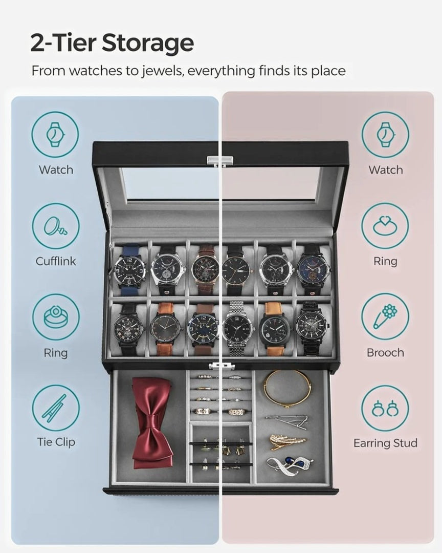Lockable Watch Box With Glass Lid 6 8 Or 12 Slot – product view 21 | Amaraloft