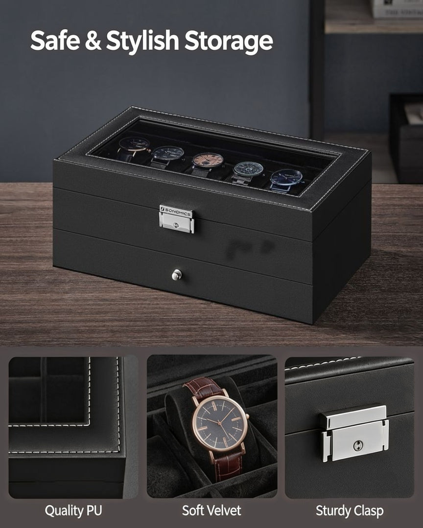 Lockable Watch Box With Glass Lid 6 8 Or 12 Slot – product view 35 | Amaraloft
