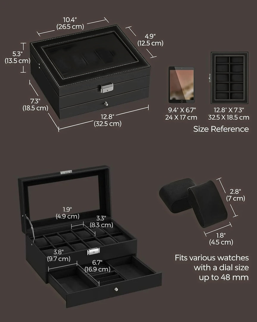 Lockable Watch Box With Glass Lid 6 8 Or 12 Slot – product view 38 | Amaraloft