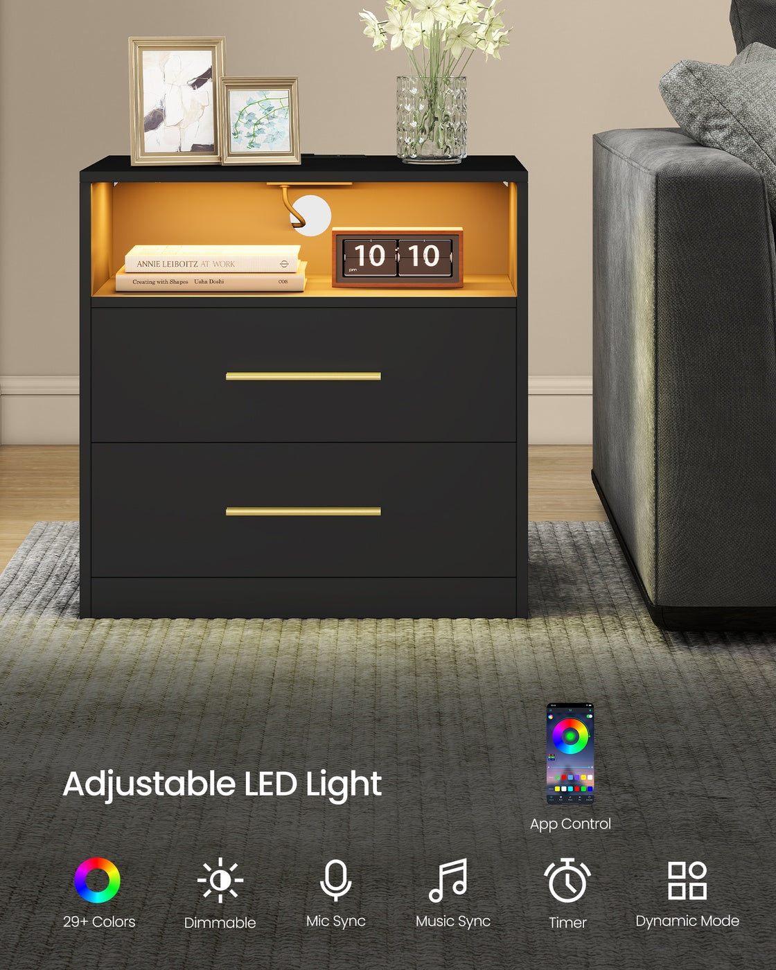 Nightstand With Charging Station, LED Lights - product photo 04