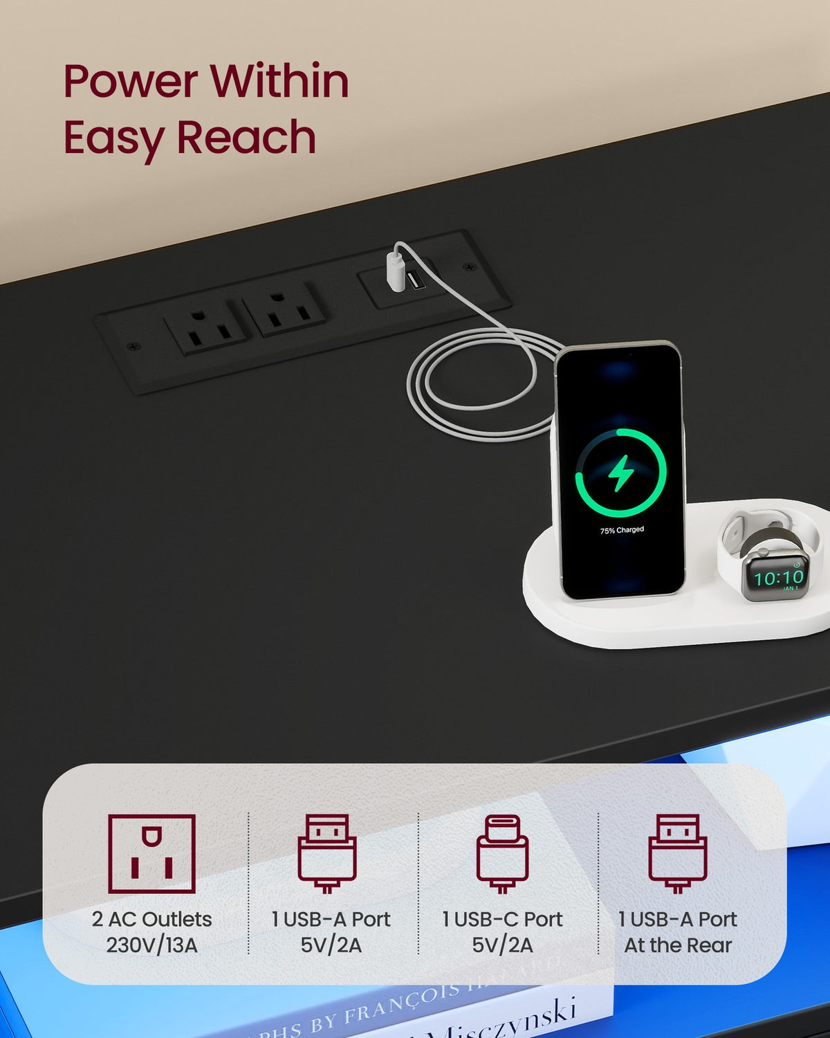 Nightstand With Charging Station, LED Lights - product photo 11