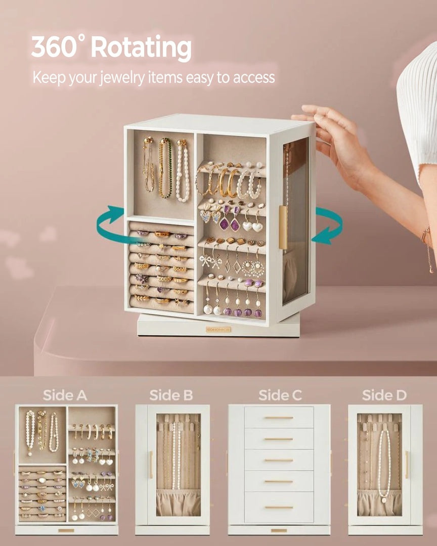 Rotating Jewelry Box Organizer With 5 Drawers And Hooks – product view 7 | Amaraloft