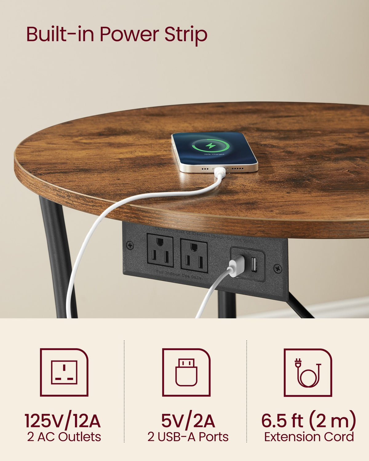 Side Table, 2-Tier Round End Table With Power Outlets - product photo 06