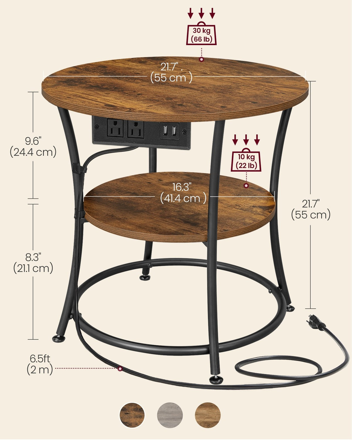Side Table, 2-Tier Round End Table With Power Outlets - product photo 07