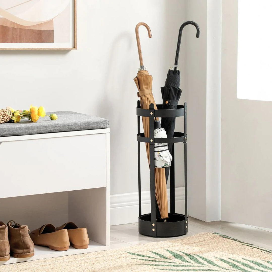 Steel Umbrella Holder Stand With Drip Tray & Hooks Round Rack – product view 2 | Amaraloft