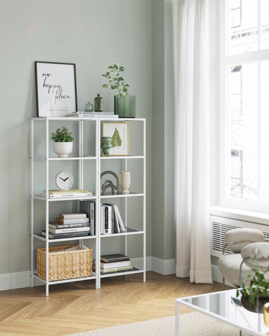 Tempered Glass Bookcase 4 Or 5 Tier Slim Shelving Unit – product view 24 | Amaraloft