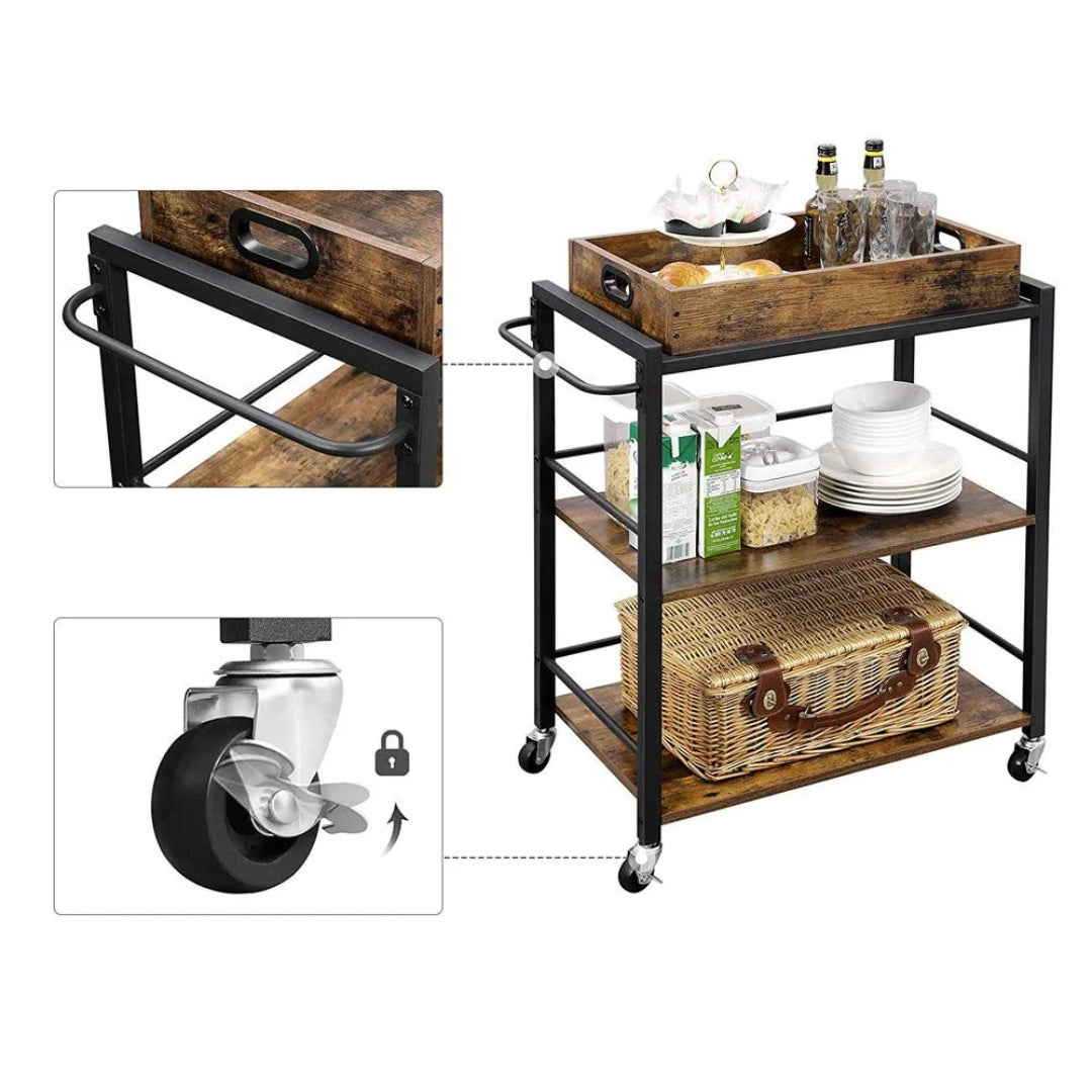 Bar Cart With Wheels 3-Tier Industrial Serving Cart With Tray – product view 7 | Amaraloft