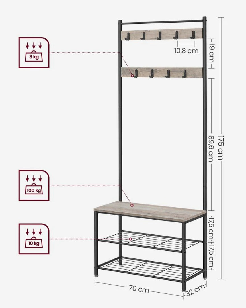 Coat Rack With Shoe Storage Bench And 9 Hooks Entryway Hall Tree – product view 10 | Amaraloft