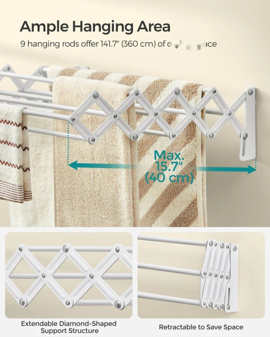 Wall Mounted Clothes Drying Rack Expandable 9 Rod Steel Airer – product view 6 | Amaraloft