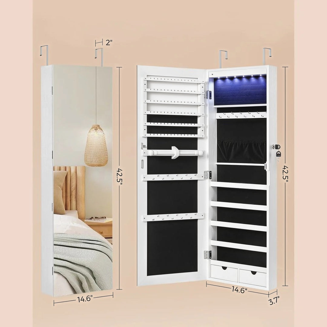 Wall Mounted Jewelry Armoire Cabinet With Mirror LED Lights – product view 7 | Amaraloft