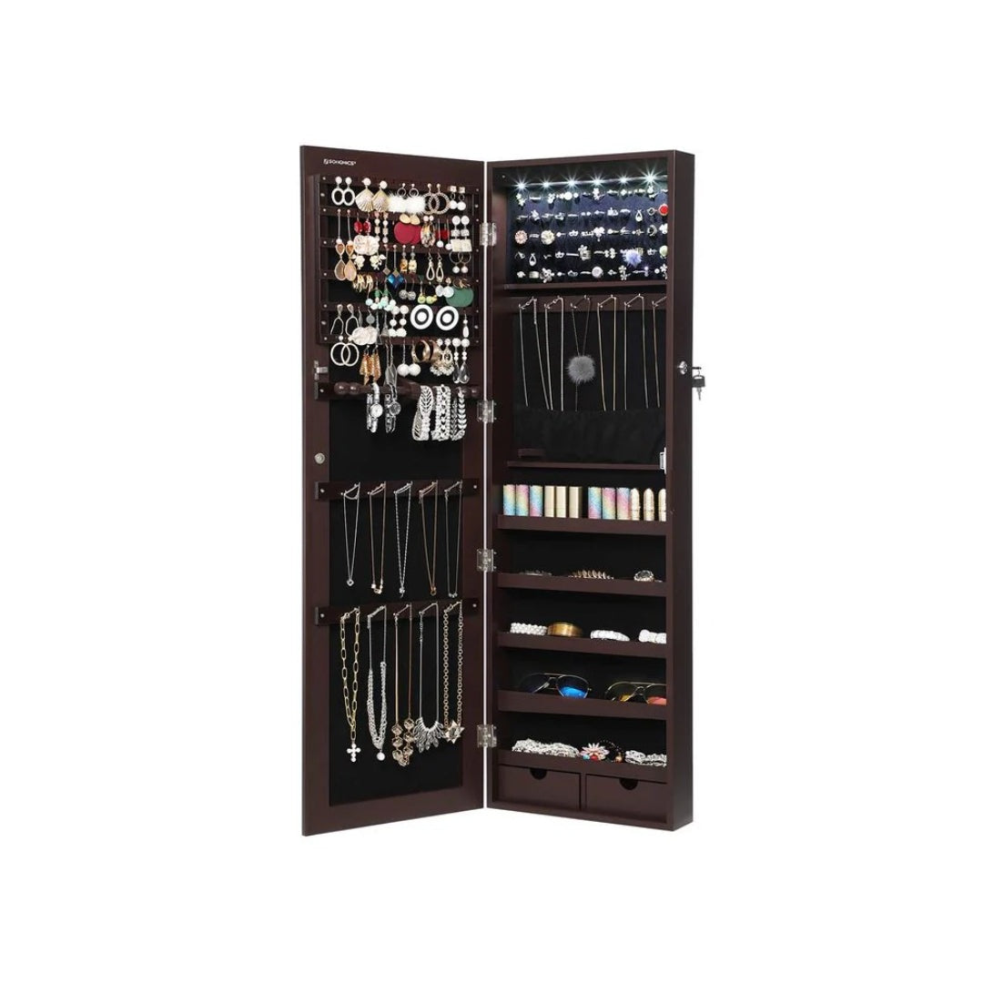 Wall Mounted Jewelry Armoire Cabinet With Mirror LED Lights – product view 13 | Amaraloft