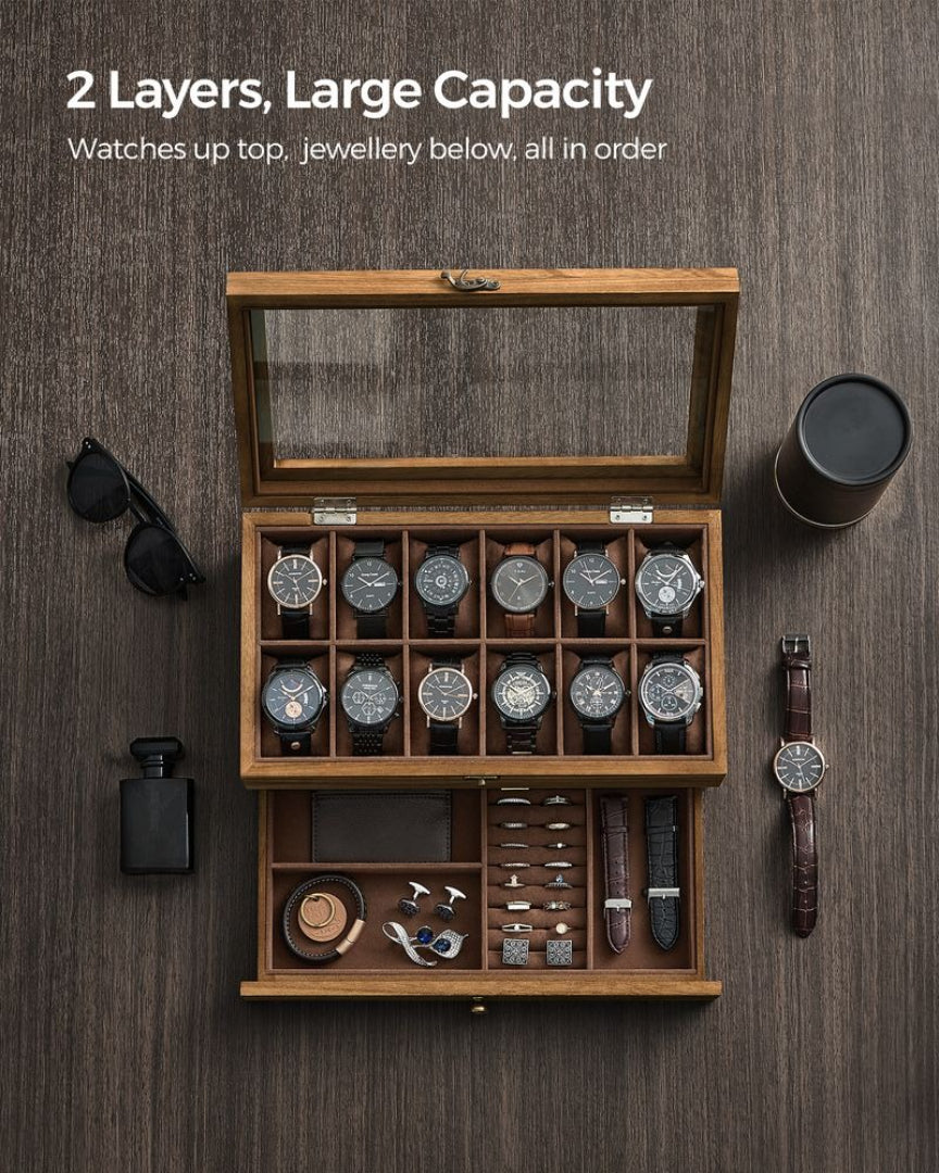 Wood Watch Box With Glass Lid 8 Or 12 Slot Organizer – product view 8 | Amaraloft