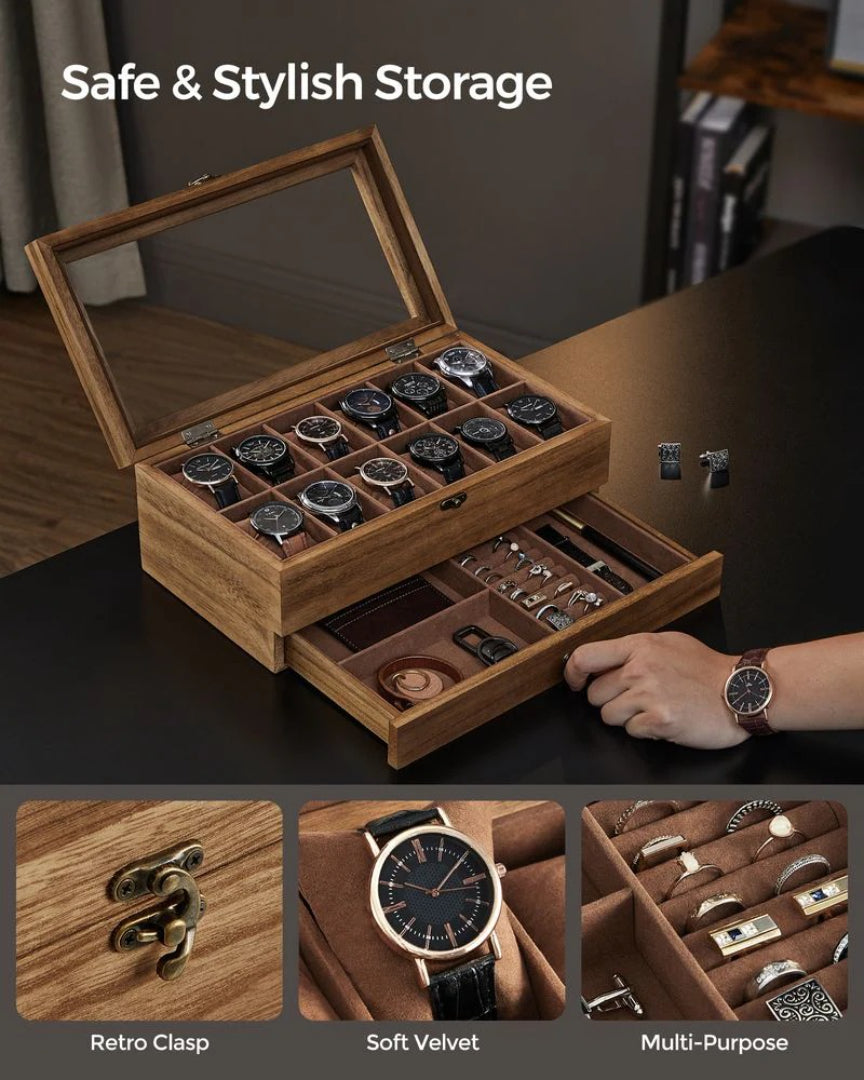 Wood Watch Box With Glass Lid 8 Or 12 Slot Organizer – product view 9 | Amaraloft