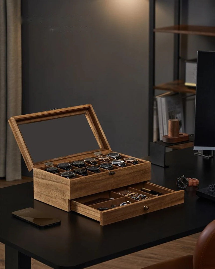 Wood Watch Box With Glass Lid 8 Or 12 Slot Organizer – product view 10 | Amaraloft