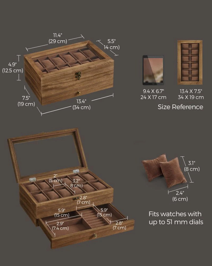 Wood Watch Box With Glass Lid 8 Or 12 Slot Organizer – product view 11 | Amaraloft