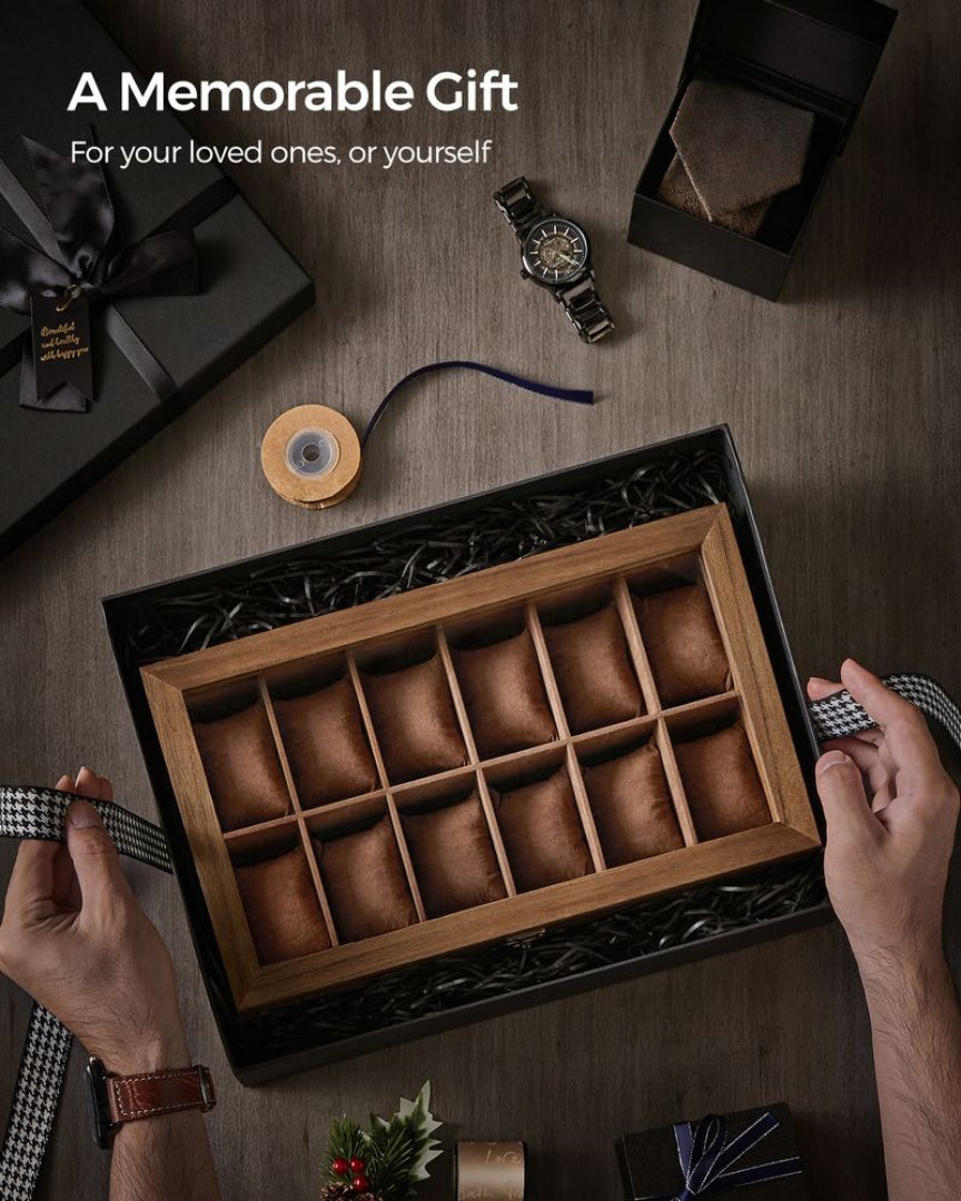 Wood Watch Box With Glass Lid 8 Or 12 Slot Organizer – product view 14 | Amaraloft