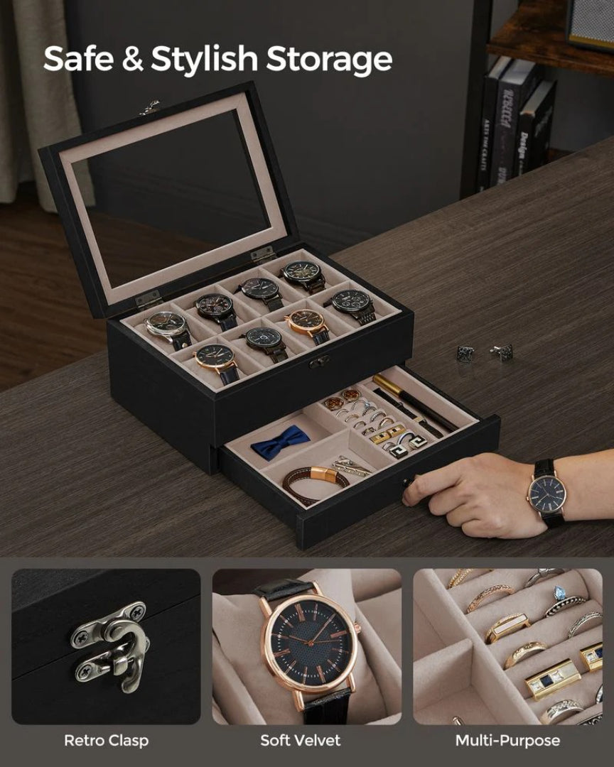 Wood Watch Box With Glass Lid 8 Or 12 Slot Organizer – product view 16 | Amaraloft