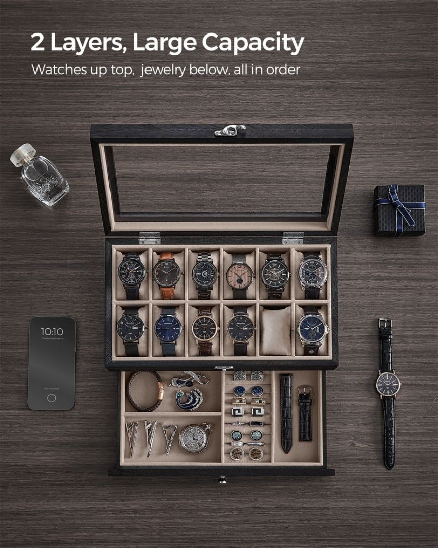 Wood Watch Box With Glass Lid 8 Or 12 Slot Organizer – product view 22 | Amaraloft