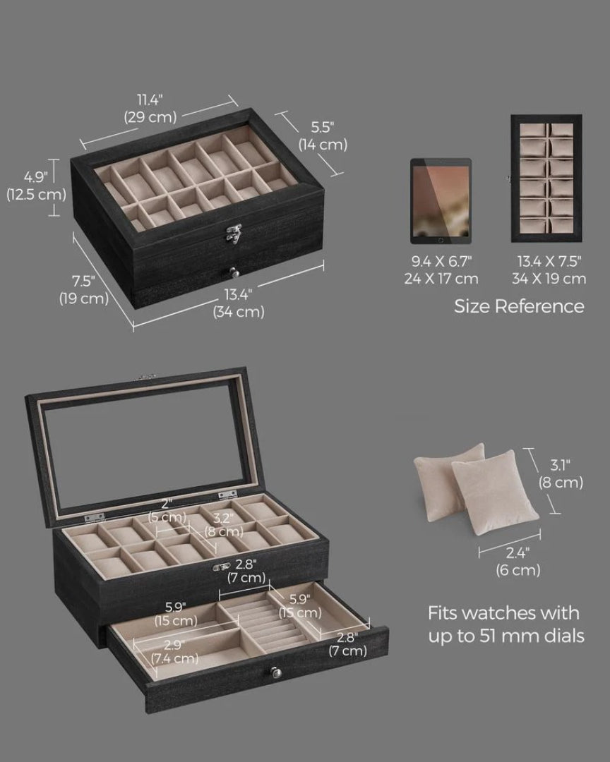 Wood Watch Box With Glass Lid 8 Or 12 Slot Organizer – product view 24 | Amaraloft