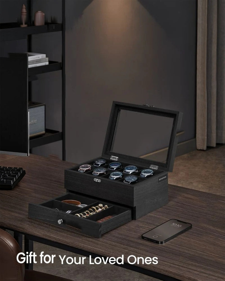 Wood Watch Box With Glass Lid 8 Or 12 Slot Organizer – product view 28 | Amaraloft