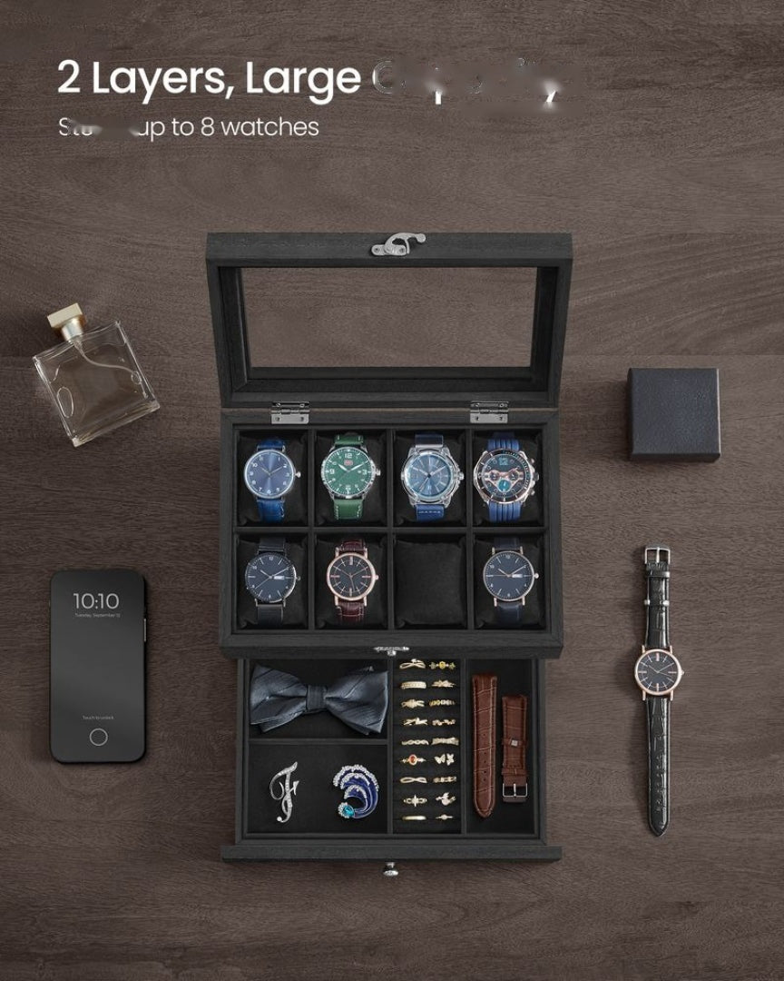 Wood Watch Box With Glass Lid 8 Or 12 Slot Organizer – product view 29 | Amaraloft