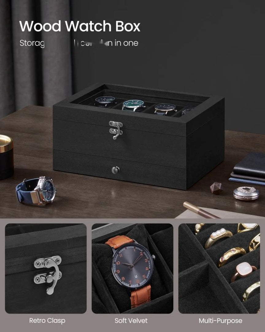 Wood Watch Box With Glass Lid 8 Or 12 Slot Organizer – product view 30 | Amaraloft