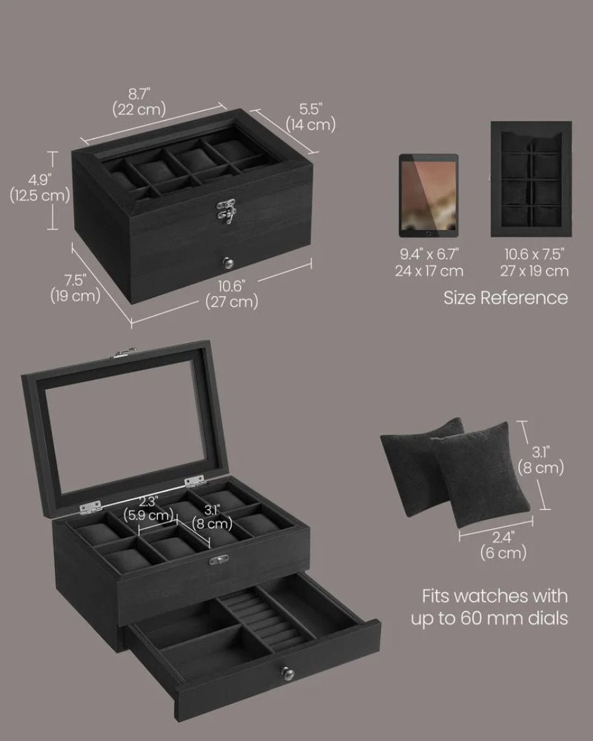 Wood Watch Box With Glass Lid 8 Or 12 Slot Organizer – product view 31 | Amaraloft